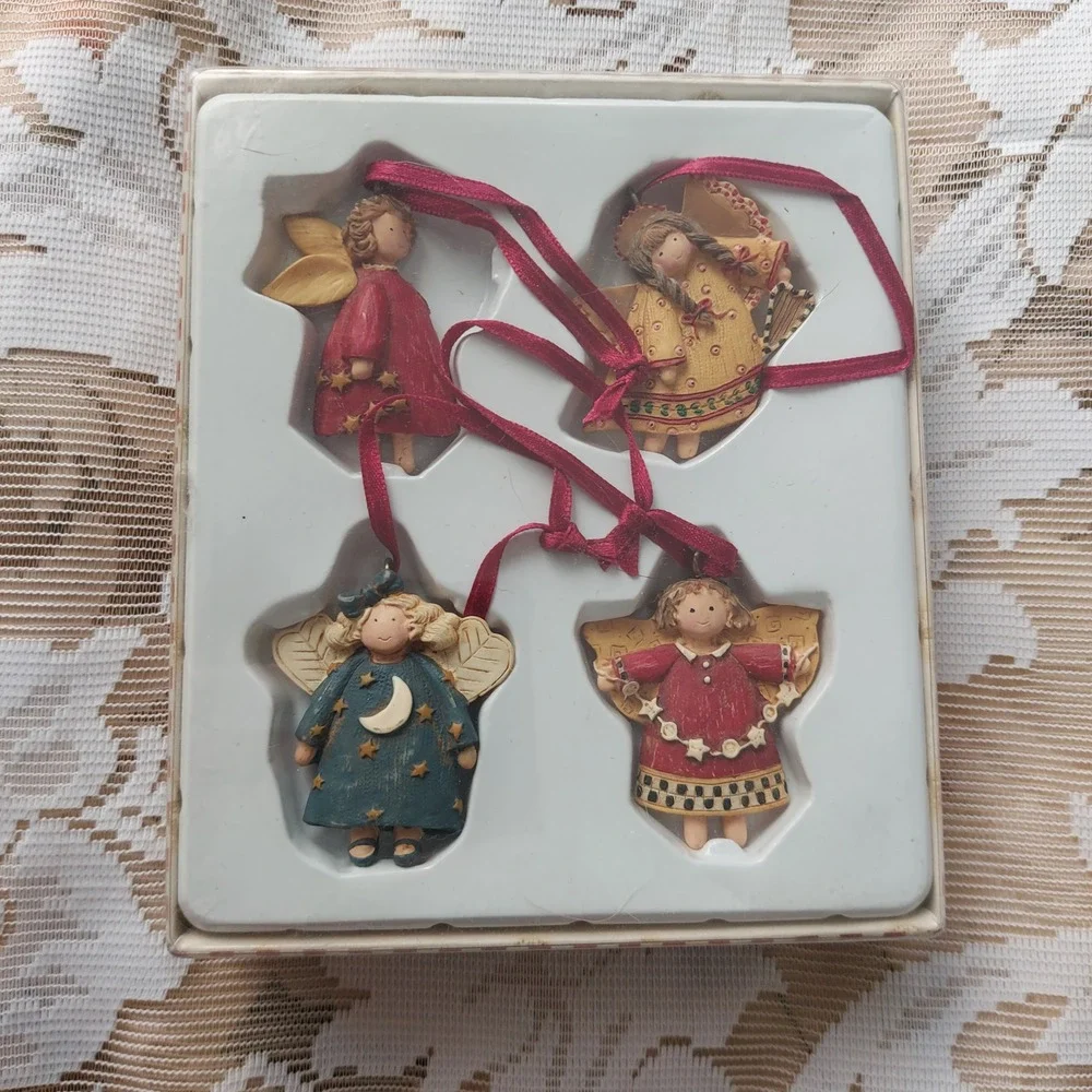 Debbie Mumm Holiday Collection Angel Ornaments Set of 4 Folk Art Christmas Resin